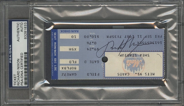 Richard Nixon Signed New York Mets vs St. Louis Cardinals Shea Stadium Ticket Stub Dated 9/11/87 (PSA/DNA)